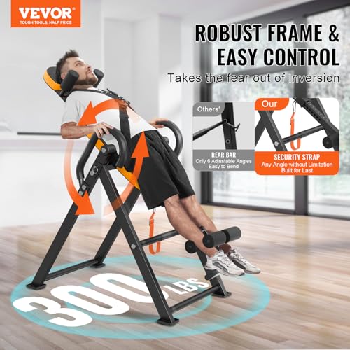 VEVOR Inversion Table, 300lbs Capacity Heavy Duty Inversion Table, Decompression Back Stretcher Machine, Strength Training Equipment with Headrest, Ankle Lock, Adjustable Protective Belt, Orange/Black - Image 3