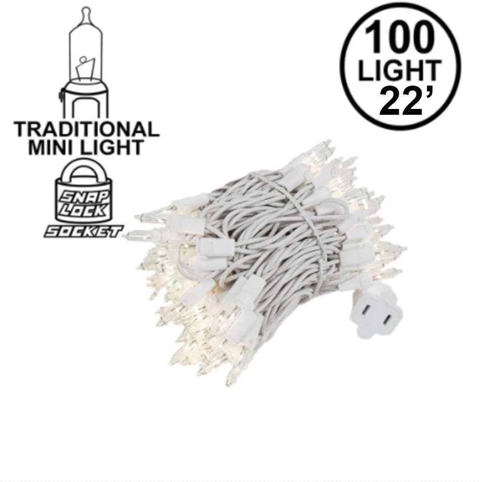 Novelty Lights 22 Feet 100 Bulb Incandescent Mini Light String, Clear with 2.5-Inch Spacing on White Wire, UL Listed Commercial Grade Indoor/Outdoor Mini Lights, Connectable End-to-End
