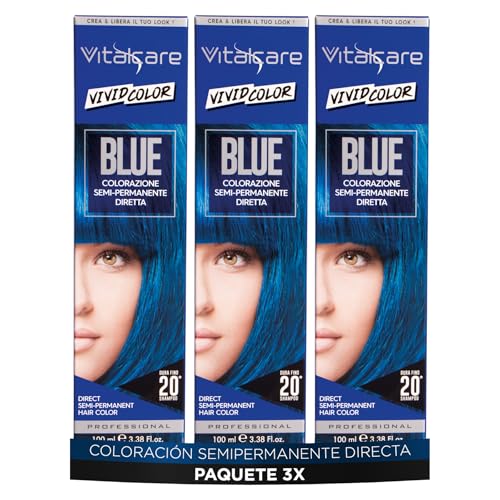 Vitalcare | Vivid - Coloración Profesional Semi-Permanente, Tinte para el Cabello, Tinte Directo para el Cabello, Dura hasta 20 Lavados, Cabello Suave e Hidratado, Color Azul, Multipack 3uds x 100ml
