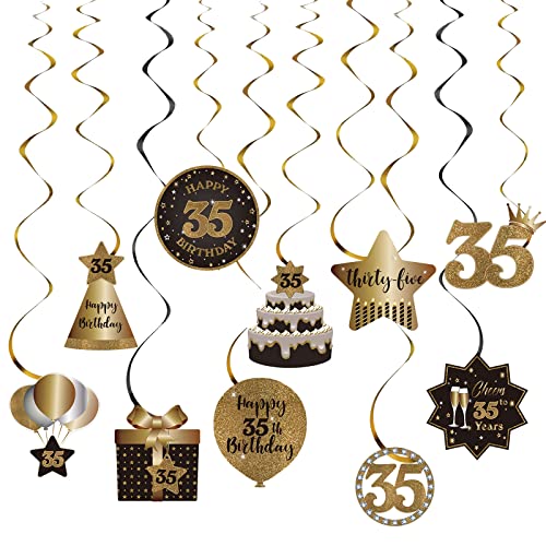 Happy 35th Birthday Party Hanging Swirls Streams Ceiling Decorations, Celebration 35 Foil Hanging Swirls with Cutouts for 35 Years Old Black and Gold Birthday Party Decorations Supplies