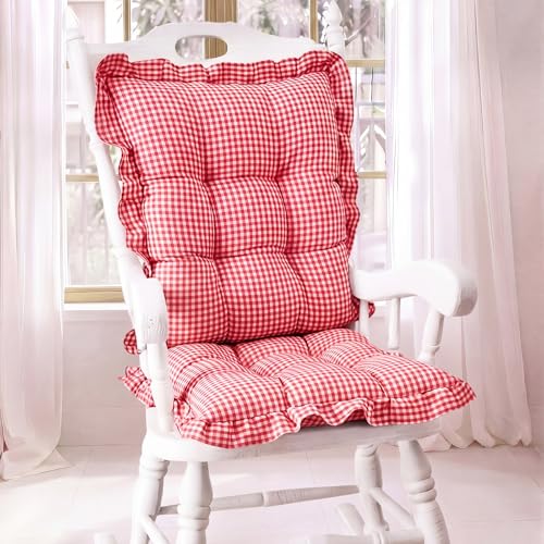 Lewtemi 2 Set Red Gingham Rocking Chair Cushion Village Ruffled Rocking Chair Cushions 17x17 & 21x17 Inches Seat Pad & Back Cushion with Ties Farmhouse Rustic for Indoor Living Room Rocker