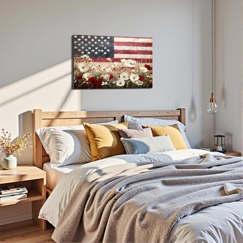 Image of Framed American Flag Mason Jar Wall Art, Patriotic Farmhouse Canvas Art Pictures, USA Rustic Wall Decor, Made in USA Ready to Hang for Kitchen Dining Room
