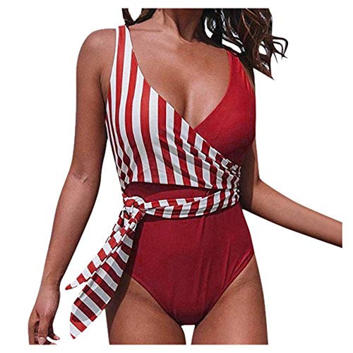 Preisvergleich Produktbild Aiserkly Einteiler Bademode Damen Badeanzug mit Gestreiftem Aufdruck Bikini-Badebekleidung Beachwear-Badeanzug Drucken Monokini Push Up Padded One Piece Bikini X-Rot M