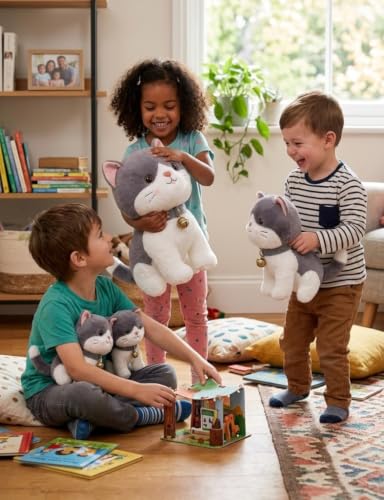 Image of CCute Cat Soft Toy 25 cm | Grey & White Kitty Plush Toy with Bell | Ultra Soft Stuffed Animal for Kids | Kawaii Cat Teddy Doll | Birthday Gift for Boys & Girls