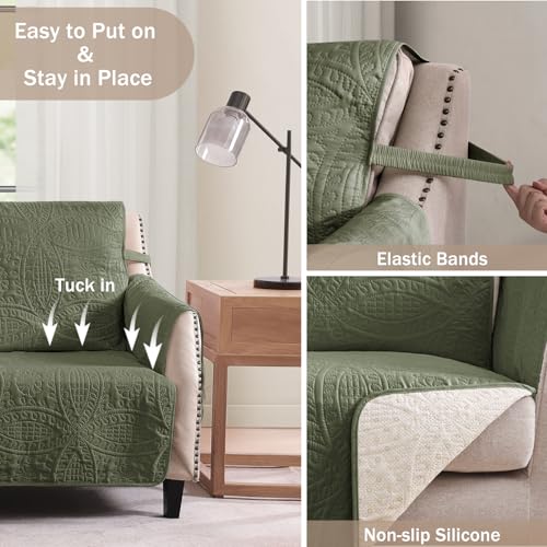Image of Green Recliner TV Chair Covers, Quilted Decor Water-Repellent Medium Lazy Boy Chair Covers, Pet Friendly Recliner Slipovers for Dogs Cats, Washable Recliner Cover (Recliner 26 inch, Olive Green)
