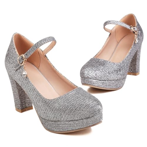 Women's Glitter Platform Chunky High Heels Pumps Shoes Round Toe Mary Jane Wedding Party Dress Shoe2