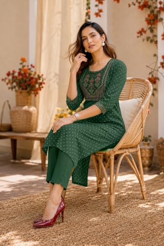 Image of MIRCHI FASHION Women's Straight Fit Rayon Sequins Embroidered and Polka Dots Printed Kurti Only