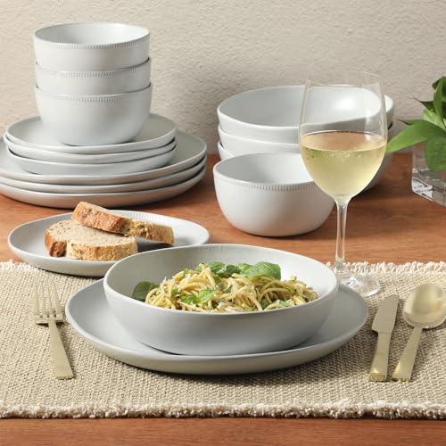 Image of Gibson Elite Menlo Park 16-Piece Pottery Clay Stoneware Dinnerware Set - White Reactive Glaze, Embossed Plates and Bowls W /Pasta Bowl, Service for 4 - Microwave & Dishwasher Safe