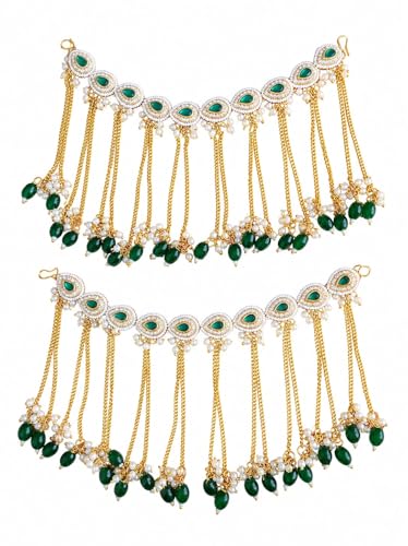 Image of Green Kundan Pearl Ear Chain for Women | Traditional Bridal Ear Accessory | Gold Plated Ethnic Side Jhumar Pair