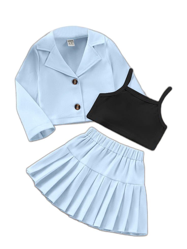 Image of Three Piece Co ord Set Dress for Girls| Jacket Top and Skirt Open Front Suits Set| Girls Clothing Set