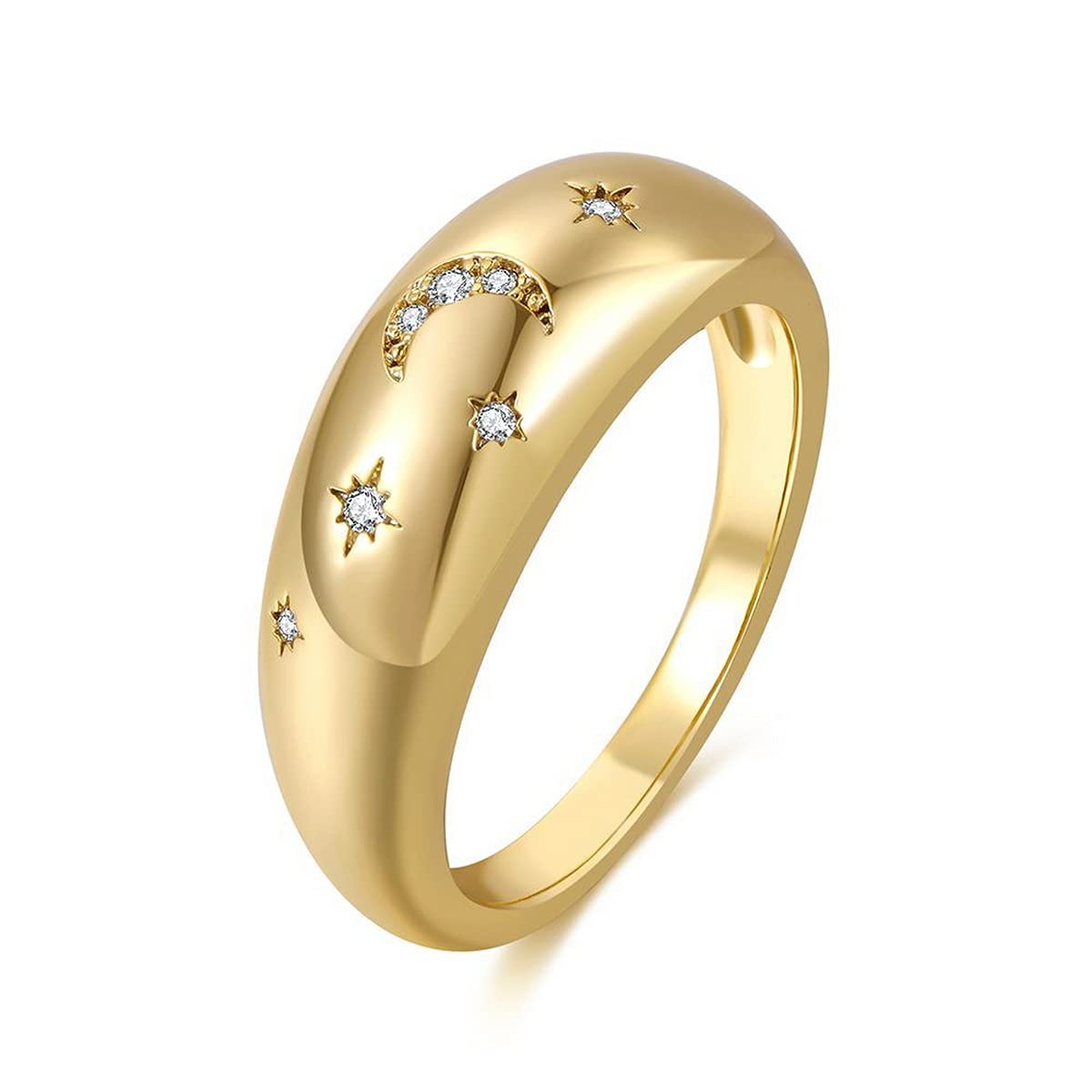 Crescent Stars Chunky Ring - Shiny Cubic Zirconia Stars and Moon 14K Gold Plated Thick Fidget Ring,Vintage Y2K Jewellery Gifts for Women Men Teen Girls