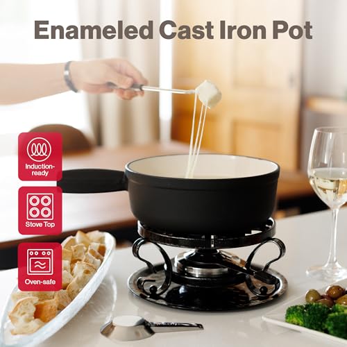 Image of Swissmar Lugano Cast Iron Cheese Fondue Set, 9-Piece, 2 QT / 2 L - Ideal for Melting Cheese, Chocolates, Caramel, & More - Perfect for Kitchen Collection & Gift Giving - Matte Black