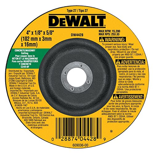 DEWALT DW4428 4-Inch by 1/8-Inch by 5/8-Inch Concrete/Masonry Cutting Wheel , Black