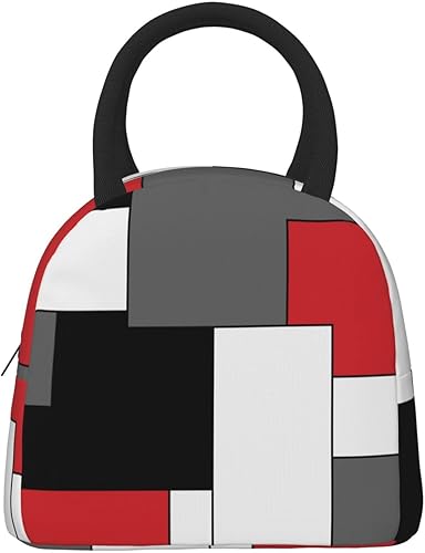 Miniatura 2 de Bolsa de almuerzo geométrica roja, blanca, negra, gris, grande, patrón geométrico, reutilizable, contenedor para mujeres, hombres, escuela, oficina,