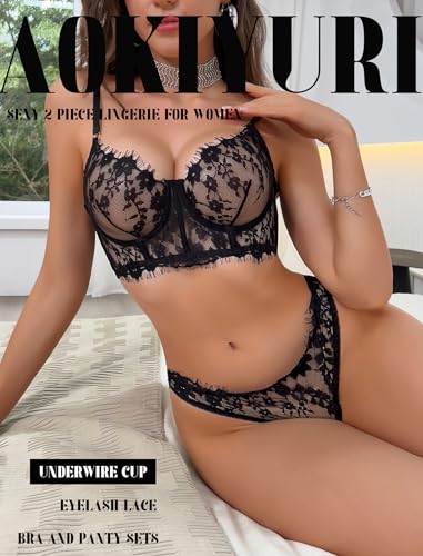 Sexy 2 Piece Lingerie for Women Underwire Eyelash Lace Mesh Matching Bra and Panty Sets Push Up Boned Bralette2