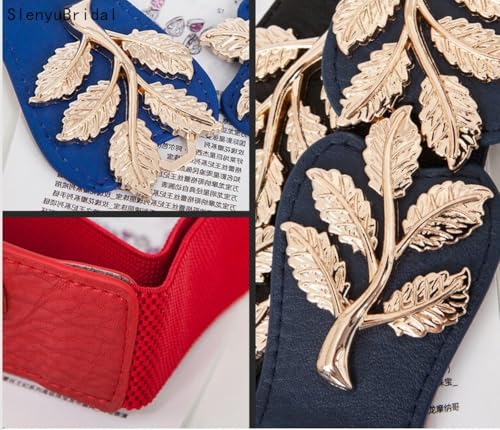 Women's Vintage Wide Elastic Stretch Adjustable Waist Belts with Metal Leaves Retro Cinch Belt Navy Blue One Size3