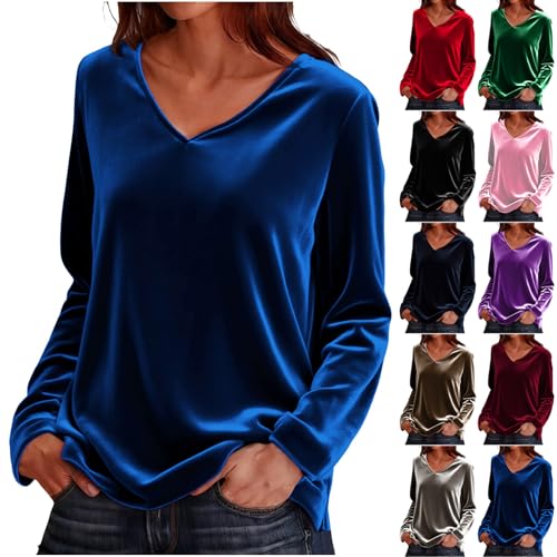 Velvet Tops for Women UK Elegant - Ladies Velvet Blouses Long Sleeve V-Neck T-Shirt Vintage Plain Velour Tunic Top Casual Baggy Party Work Office Clothes Spring Outfits Tee Shirts Blue