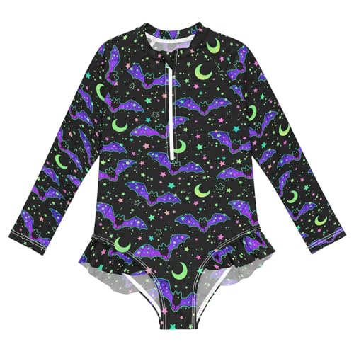 Girls Swimsuits Long Sleeve Bathing Suits Halloween Bats Moon UPF 50+ Sun Protection Swimwear 3-12 Years