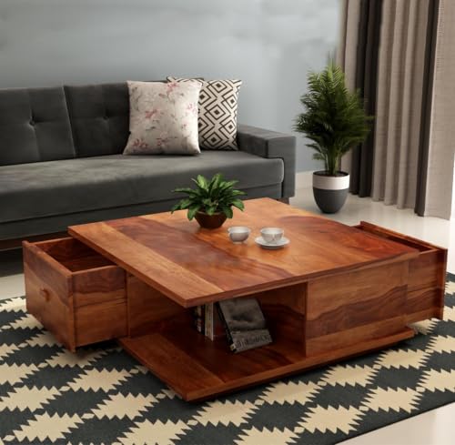 Image of Sheesham Wood Coffee Table with 2 Drawer Storage | Wooden Hallway Table for Living Room | Centre Table for Bedroom | Teapoy Tea Table (Honey Finish)