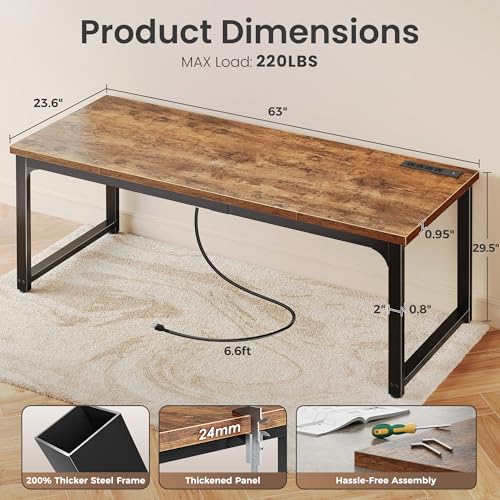 Image of Huuger 63 x 24 inch Desk with Power Outlets & USB-C, Deeper & Thicker Desktop, Robust Metal Tubes, Computer Desk, Heavy Duty Office Desk, Work Gaming Desk, for Home Office, Rustic Brown