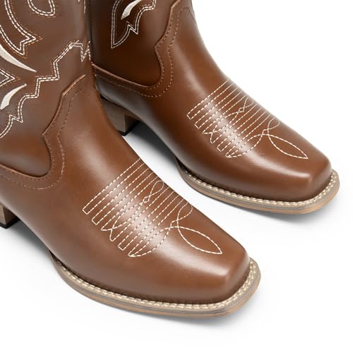 Image of DREAM PAIRS Women's Square Toe Cowboy Cowgirl Boots Pull On Low Chunky Heel Mid Calf Western Boots with Embroidered Stitched for Theme Party Country Concert