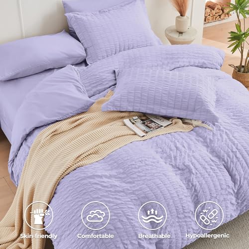 Image of HYMOKEGE Light Purple Full Size Comforter Sets Seersucker 7 Pieces, All Season Luxury Bed in a Bag for Bedroom, Bedding Set with Comforter, Sheets, Pillowcases & Shams