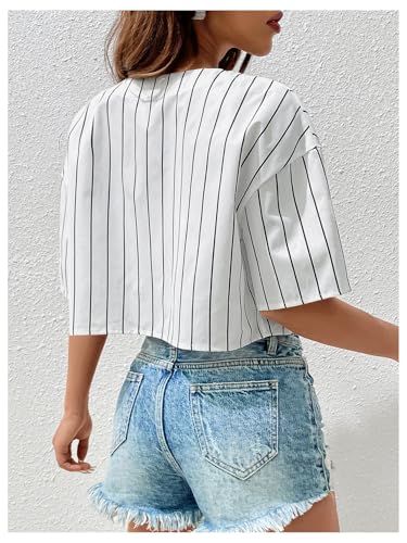 WDIRARA Women's Graphic Printed Short Sleeve Crop Top Drop Shoulder V Neck Button Front Baseball Shirt2