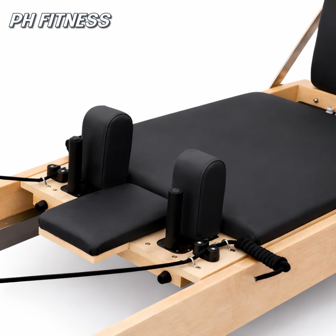 PH Fitness Pilates Reformer Madera – Máquina profesional de Pilates (plegable o modelo fijo) con 5-6 muelles, barra de pies ajustable (7 posiciones), caja incluida – Cuerpo completo y rehabilitación