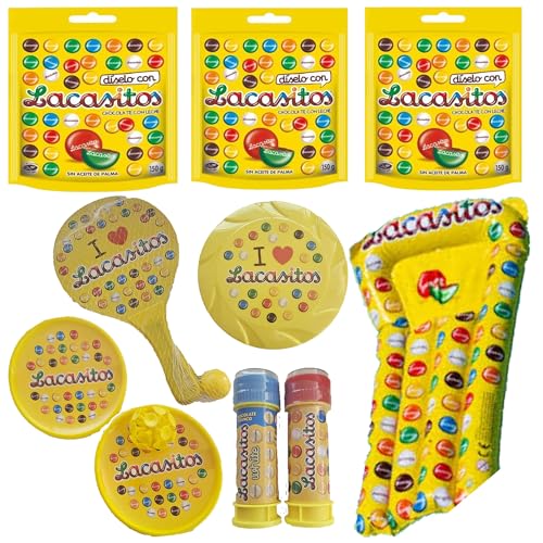 Pack vacaciones Lacasitos:3 doyPack 150g,palas con ventosa y con pelota , pompero,frisbee y colchoneta