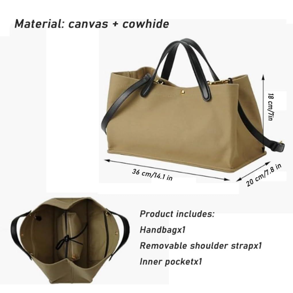 Bolso de Mano for Mujer de Piel auténtica Tipo Tote de Hombro Suave de Lona ​​para el Trabajo Viajes Uso Diario(Khaki (Canvas))