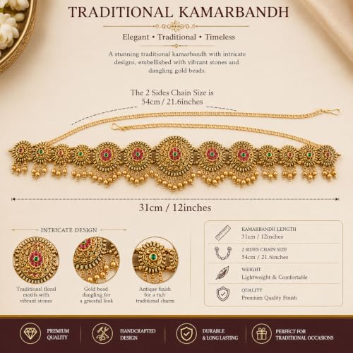 Image of VAMA FASHIONS Adjustable 18K Gold Plated Anti Tarnish Antique Vaddanam Kamarbandh Belly Chain Bridal Saree Waist Hip Belt Round Floral Ruby Green Stone Beads Drops South Indian Temple Jewelry for Women