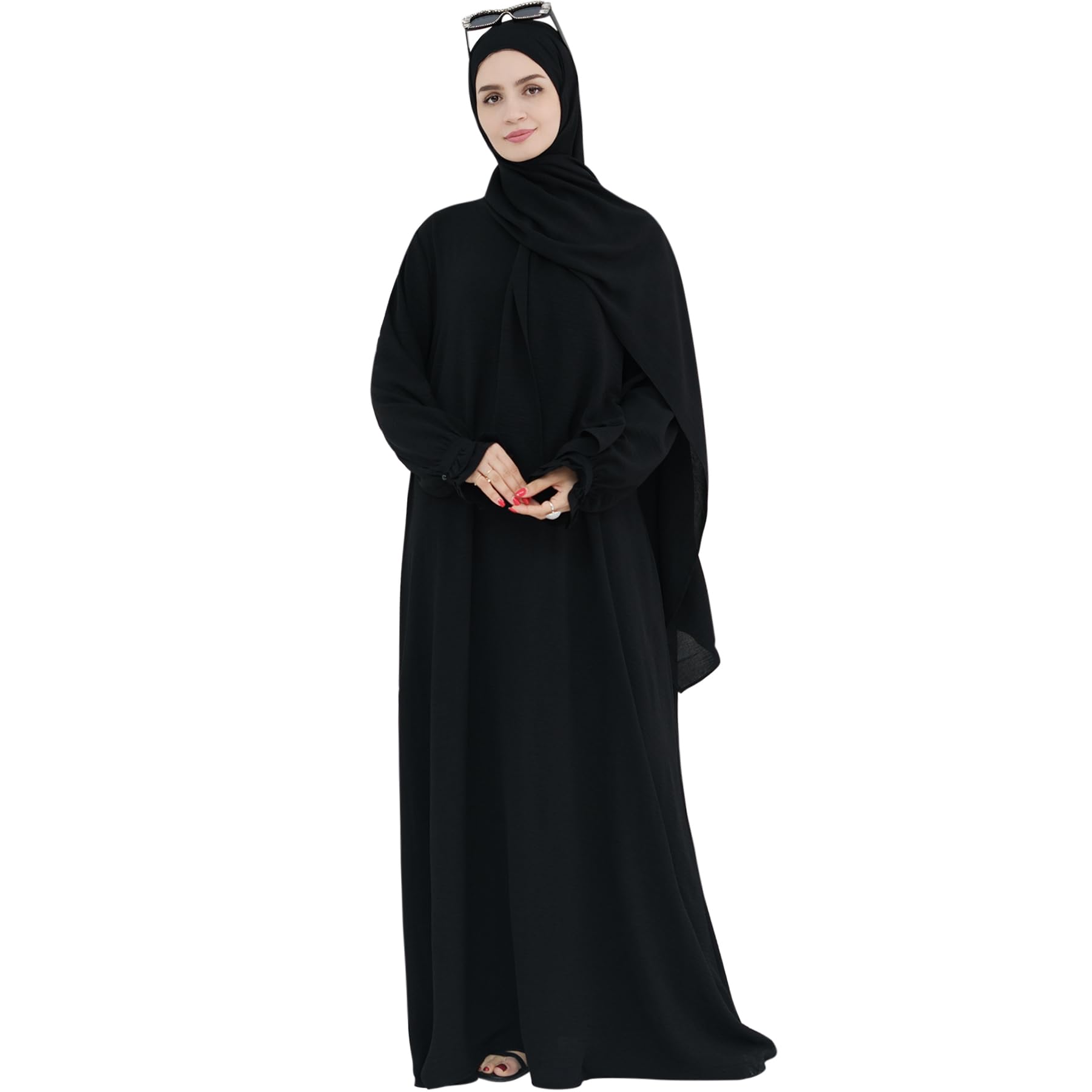 khalatWomen Muslim Dress Middle East Arabian Robe Islamic Modest Dress with Hijab Scarf Lace Sleeve Flowy Abaya Dress