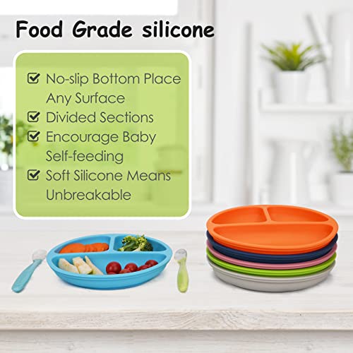 Kingkam Kids Divided Plates -100% Safe Bpa Free Soft Silicone Baby Toddler Plate, Dishwasher-Microwave Safe & Unbreakable Feeding Set #TOP3