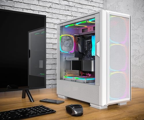 Gabinete para PC MonteCh Sky Two GX High Airflow E-ATX, 3 ventiladores ARGB de 140 mm, blanco, soporte para GPU de hasta 400 mm, soporte para radiador de 360 mm, panel de malla, USB-C, vidrio giratorio, hasta 11 ventiladores, soporte vertical para GPU miniatura 2