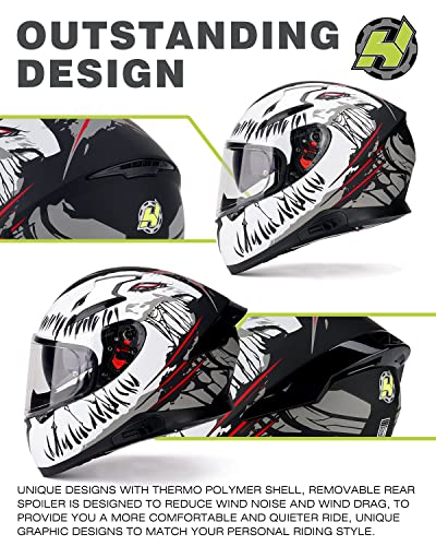 Hax Full Face Motorcycle Helmet With Dual Rear Wing, Motorbike Street Bike Helmet With Pinlock Ready Plastic Nails For Adult,Dot Approved(Impulse Devour White,L) #TOP2