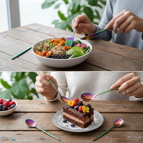 Image of Slim Handle Rainbow 16 Pcs Stainless Steel Cutlery Set for Dining Table, Dishwasher Safe Glossy Flatware (4 Spoon Set+4 Forks Set+4 Butter Knife+4 Dessert Spoon)