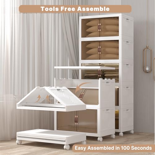 Image of UAMFURI Stackable Storage Bins with Lids, 840QT Closet Organizers and Storage Cabinet with Doors & Wheels, Lockable Plastic Foldable Drawers for Bedroom Dorm Office Garage(168QT*5,White)