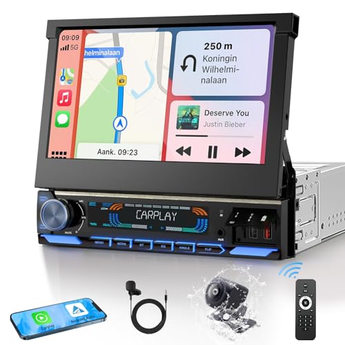 TONIKPMS-T Single Din Car Stereo with Wireless Apple CarPlay & Android Auto 7-inch HD Motorized Flip Out Touchscreen Head Unit Upgrade Type-C Fast Charge/USB/Bluetooth 5.1/DSP/AM/FM Radio Receiver