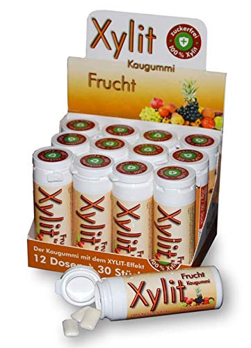 Xylit Kaugummi FRUCHTIG | 12 x 30 Stk Dose | BigPack mit 360 Kaugummis | zuckerfrei & vegan | ohne Aspartam, Sorbitol & Titandioxid