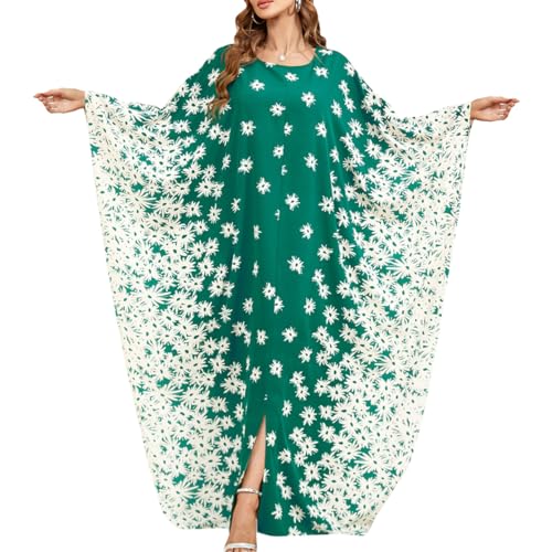 Image of OBEEII Muslim Dress for Women Loose Batwing Sleeved Hooded Beaded Embroidery Long Abaya Dress Kaftan Abayas Islamic Robe