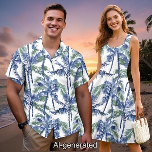 Image of Dreaweet Summer Dresses for Women A-Line Sleeveless Flowy Sun Dresses,Men's Casual Button-Down Shirts,Couple Matching Outfits