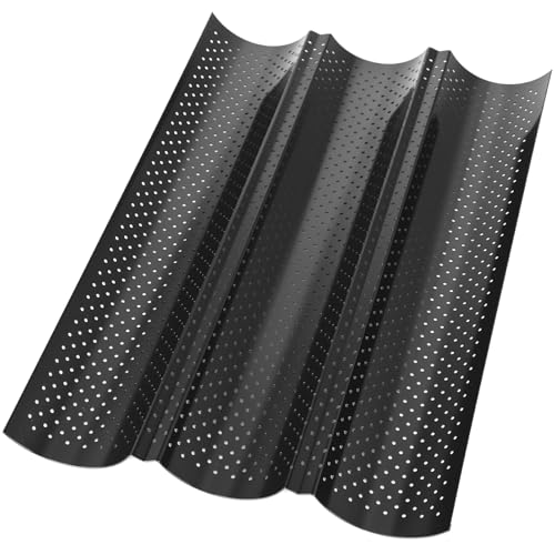 Kievano Baguette Backform aus Karbonstahl mit Antihaftbeschichtung – Perforiertes Baguette-Backblech für 3 Baguettes – Gleichmäßige Hitze, Knusprige Kruste – Brot Backen Zubehör – Schwarz – 38×23 cm