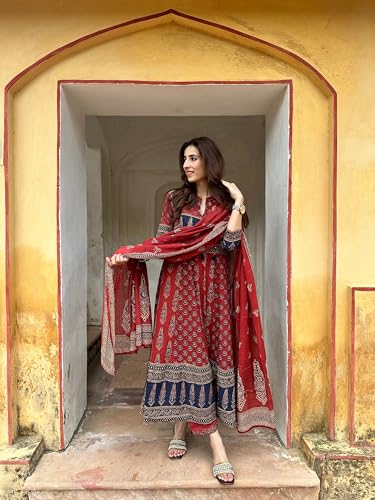 Image of GoSriKi Women's Rayon Viscose Printed Anarkali Kurta Pant with Dupatta Set | Flared Ethnic Kurta Set for Women | Comfortable Traditional for Festive, Casual and Daily Occasions