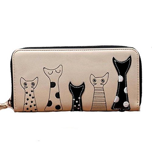 Ofertas del Viernes Negro 2016 valentoria® Regalos de cumpleaños para las mujeres de dibujos animados gato cartera funda de piel sintética Monedero con cremallera tipo cartera embrague, beige