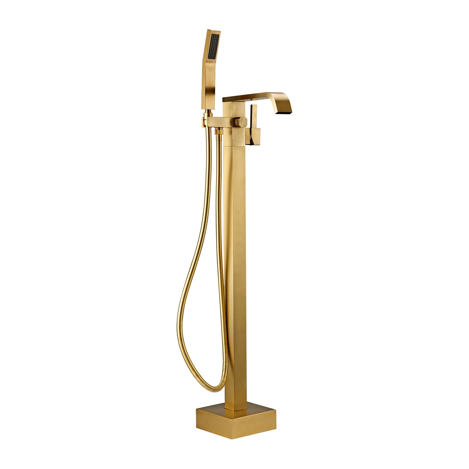 BAGNOLUX Solid Brass Floor Mount Bathtub Faucet Free Standing Tub Faucet Freestanding Tub Filler Brushed Brass High Flow Rate Swivel Spout with Hand Shower, YGSLT-FANG-Brushed Brass11
