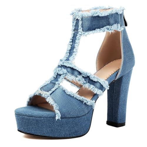 Roimaash Fashion Open Toe Booties for Women Platform Denim Heels