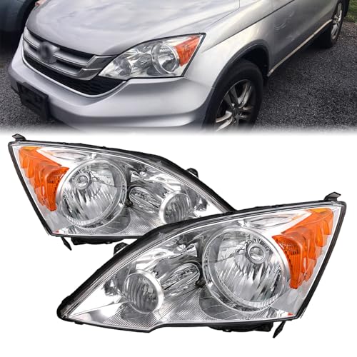 Pair Headlights Headlamps Assembly For 2007 2008 2009 2010 2011 Honda CRV CR-V Amber Reflector (Chrome Housing)