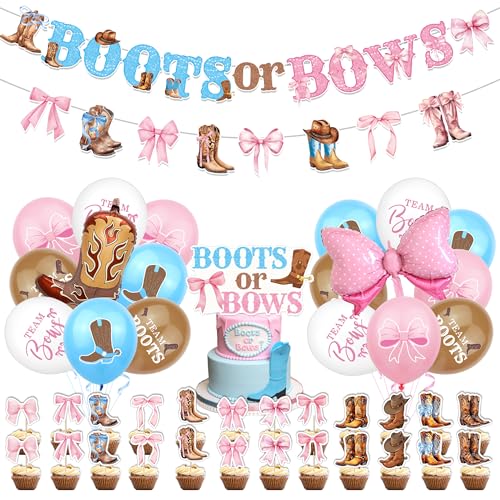 45Pcs Boots and Bows Gender Reveal Party Supplies Include Banner-Balloons-Cake Topper-Cupcake Toppers-Aluminum Film Balloons for Gender Reveal Party Decorations