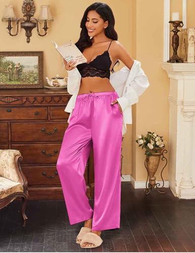 Image of Ekouaer Womens Silk Satin Pajama Lounge Pants Sleep Pj Bottoms with Pockets | Silky,Loose Wide Leg,Drawstring Elastic Waist,Casual,Loose,Elegant