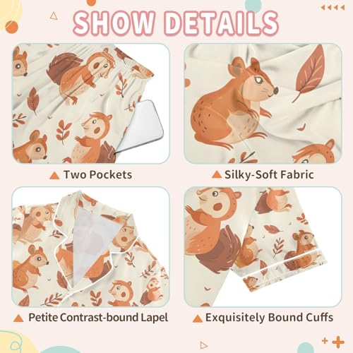 senya Cute Squirrel Fall Leaves Satin Summer Pajama Sets Silk Short Sleeve Button Down Sleepwear3